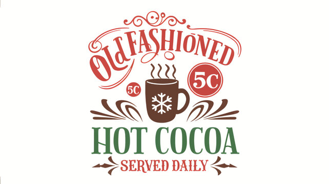 Vintage old fashioned hot cocoa served daily with a 5 cent price tag and snowflake mug silhouette