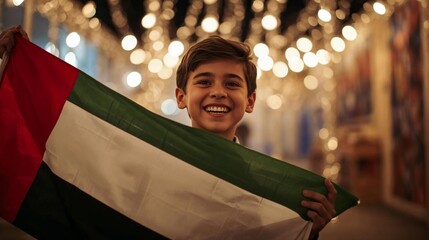 Happy smiling young boy holding UAE national flag in joyful portrait with festive bokeh lights background