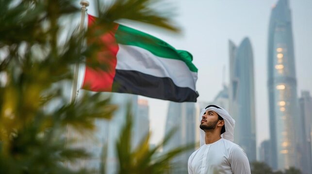UAE national flag waving proudly with Emirati man in traditional kandura gazing up against Dubai skyline and palm leaves
