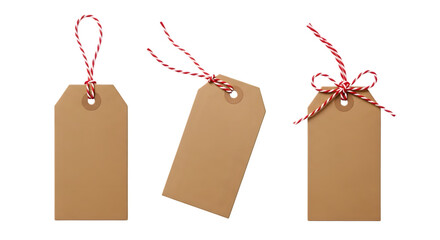 Three blank brown kraft paper gift tags with red and white string