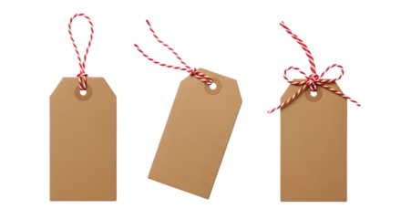 Three blank brown kraft paper gift tags with red and white string