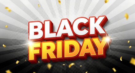 Bold black friday sale announcement with falling confetti and dramatic light rays