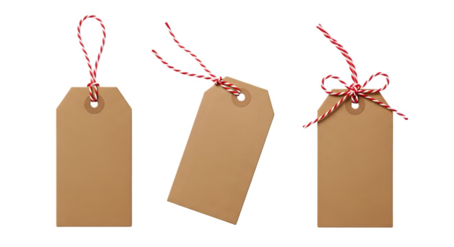 Three blank brown kraft paper gift tags with red and white string