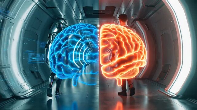 A cinematic split-screen video set in a futuristic corridor, split vertically into two contrasting panels. In the left panel, an advanced android robot walks through a sleek, glowing sci-fi corridor.
