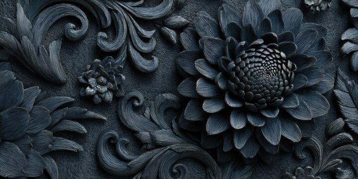 Elegant floral carvings adorn a textured wall adding depth and artistic flair to this dark ornate background