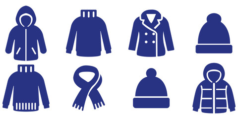 Winter clothing silhouette set, Cold weather apparel icon collection, Seasonal jacket hat scarf pack