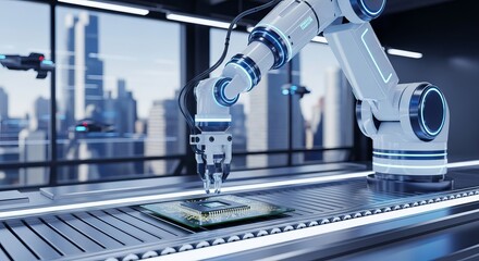 Advanced robotic arm precisely assembling electronic components on a futuristic automated manufacturing production line