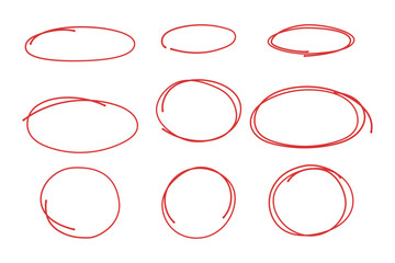 Title: Set of Hand Drawn Red Circle and Oval Highlighter Scribbles for Emphasis and Marking on Transparent Background