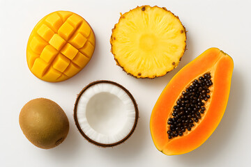 Fresh tropical sliced fruit arrangement on clean white backdrop