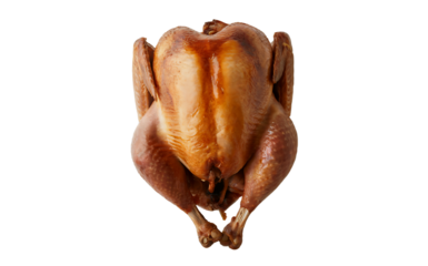 A photograph of a perfectly roasted golden-brown turkey viewed from directly above against a clean white background. The turkey's skin glistens with a rich mahogany color, showing beautiful caramelize