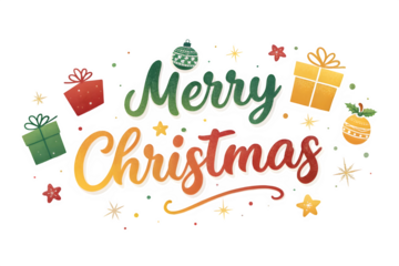 Merry christmas handwritten text with festive elements isolated on transparent background