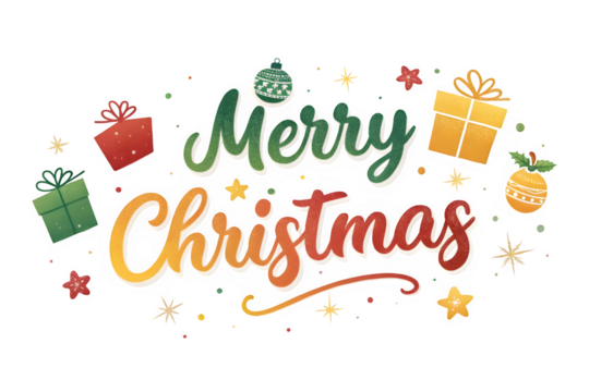 Merry christmas handwritten text with festive elements isolated on transparent background