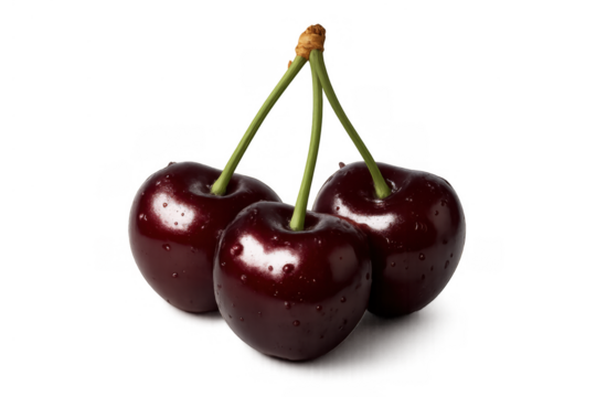 Fresh red cherries cluster with green stems, ripe and juicy berries, summer fruit, transparent background