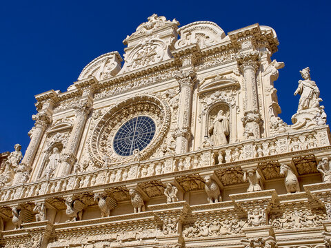 Facade of the Basilica of the Holy Cross, Basilica di Santa Croce, a church in Lecce. Salento, Puglia, Apulia, Italy, Europe