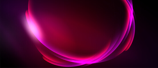 Abstract design features flowing magenta curves against dark background. Soft glow highlights layered shapes, creating dynamic visual effect.
