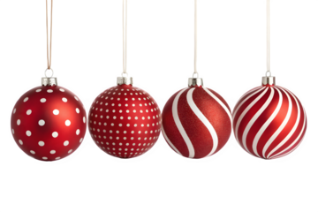 Four red christmas ornaments with white patterns isolated on transparent background