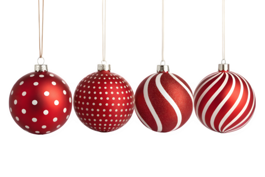 Four red christmas ornaments with white patterns isolated on transparent background - Powered by Adobe