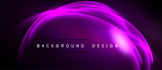 Abstract purple waves form dynamic background. Text reads background design centered within glowing shape. Dark borders surround composition.