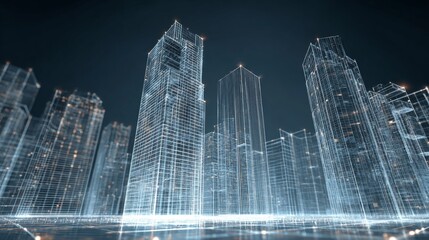 Futuristic digital marketplace showcasing virtual buildings with advanced user interface design