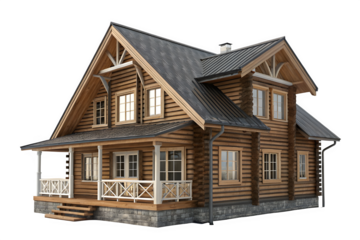 Rustic wooden log cabin house isolated on transparent background