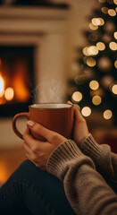 Cozy Hands Holding Steaming Mug by Fireplace and Christmas Tree