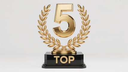 A gold number five trophy with a laurel wreath on a black pedestal, that represents top 5 winners