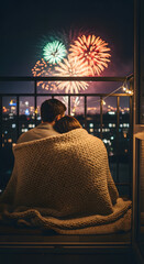 Cozy Couple Watches New Year's Fireworks from Apartment Balcony