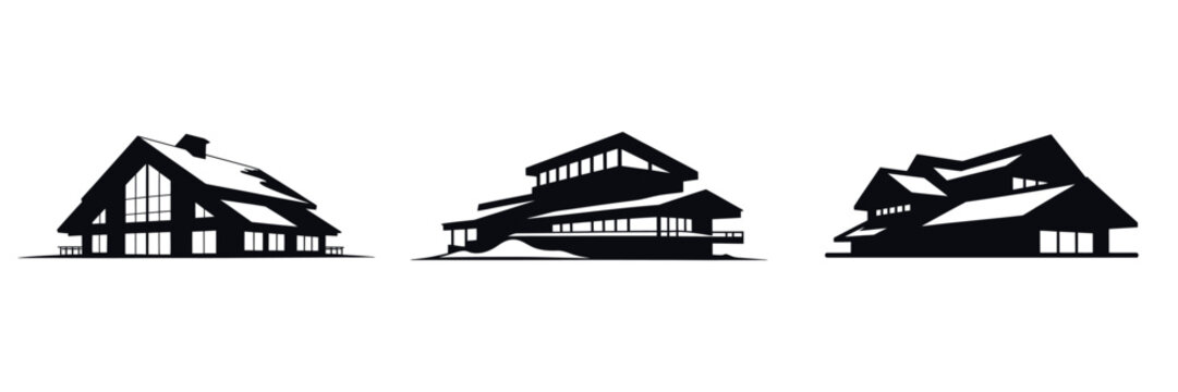 Modern Winter Chalet Vector Illustration Set – Mountain Cabin Silhouette, Christmas Holiday Lodge, New Year Snow Resort, Cozy Alpine House, and Contemporary Winter Architecture Design Art