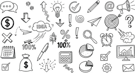Collection of hand drawn business and finance icons and symbols for presentations and infographics
