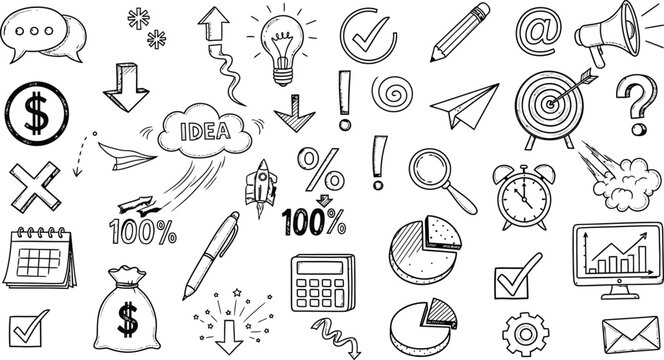 Collection of hand drawn business and finance icons and symbols for presentations and infographics