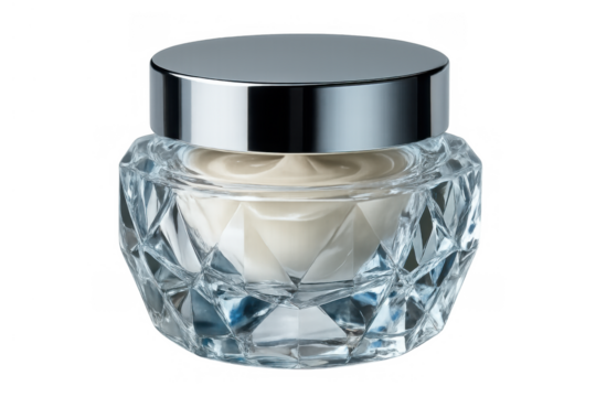 Luxury face cream in elegant crystal jar with silver lid, highlighting premium skincare and beauty product