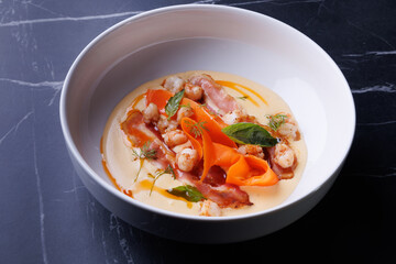 Creamy Shrimp and Bacon Soup with Carrot Ribbons, Herbs, and Delicate Sauce