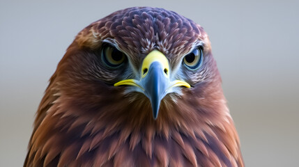 Close-up of a majestic hawk with striking features and sharp gaze, showcasing its rich feathers.