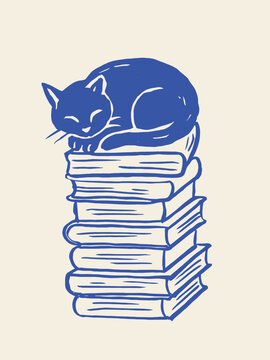 Cat sleeping on stack of books naive sketch vector illustration