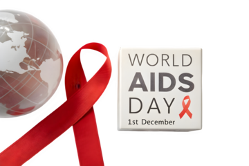 World aids day red ribbon and globe isolated on transparent background