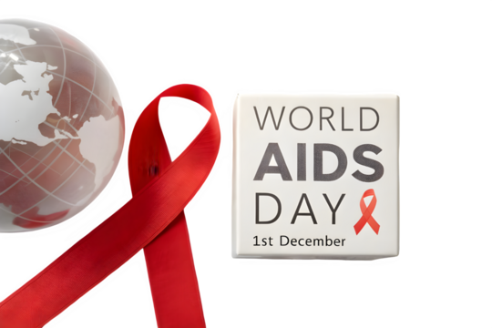 World aids day red ribbon and globe isolated on transparent background