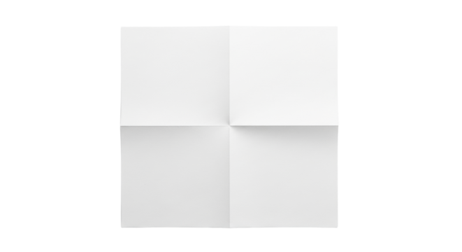 Immaculate white paper, precisely folded in four, natural grain, crisp creases, isolated on transparent, soft high-key studio lighting, flat lay, concept of potential and new beginnings
