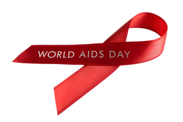 Red ribbon with world aids day text isolated on transparent background