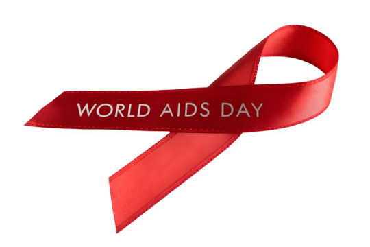 Red ribbon with world aids day text isolated on transparent background - Powered by Adobe