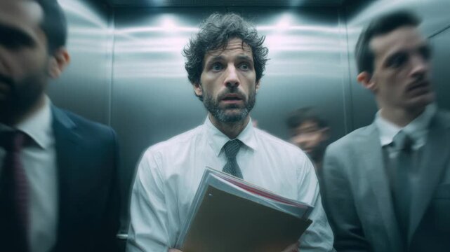 Caucasian man holding folder in elevator surrounded by diverse commuters and colleagues, tense expressions, fluorescent light reflecting on metal walls, formal