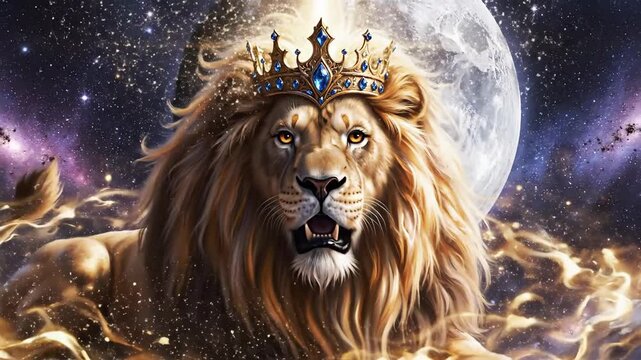 Majestic lion with crown against a celestial background illustration