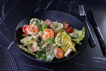 Gourmet Shrimp And Citrus Salad On Black Plate