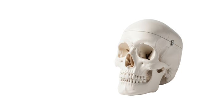 A pristine, highly detailed anatomical human skull model, medical-grade, on a transparent background with soft shadow and copy space, concept of human intelligence
