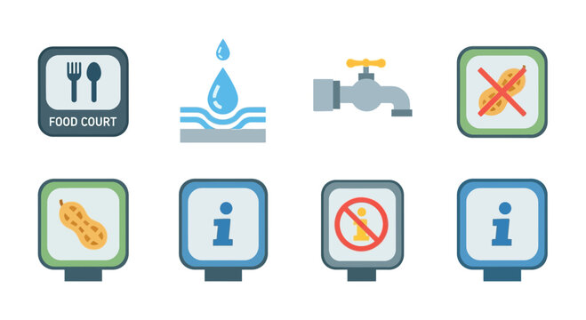 A collection of various informational and directional signs with icons and symbols.