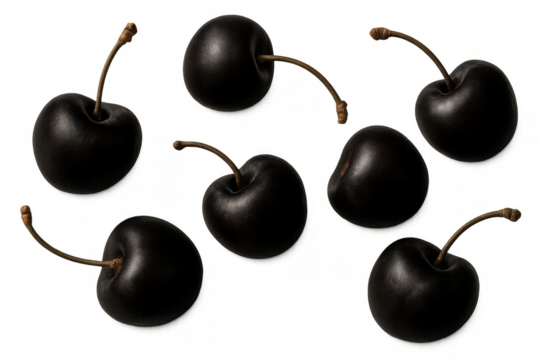 Dark black cherries with stems, a group of ripe sweet fruits scattered, isolated on a transparent background