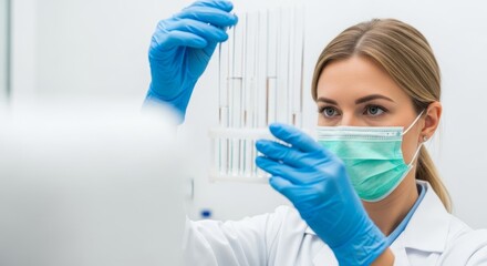 Scientific Precision: A focused laboratory scientist in gloves examining test tubes, conducting a detailed analysis within a modern laboratory setting.