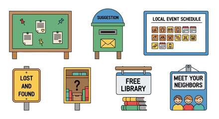 A collection of illustrated signs and boards, including a bulletin board, suggestion box, calendar, lost and found, library, and community meeting notice.