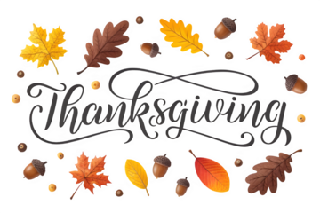 Thanksgiving text with autumn leaves and acorns isolated on transparent background