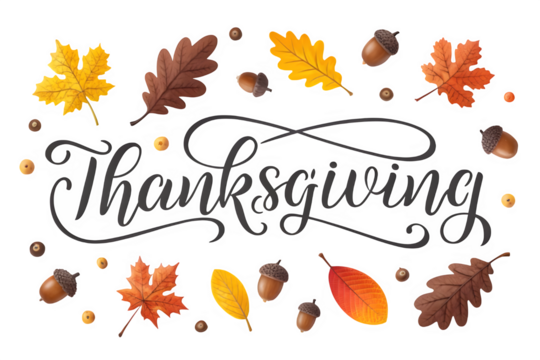 Thanksgiving text with autumn leaves and acorns isolated on transparent background