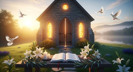 Serene outdoor wedding ceremony at a charming chapel with doves flying at sunrise featuring an open bible and lilies on an altar